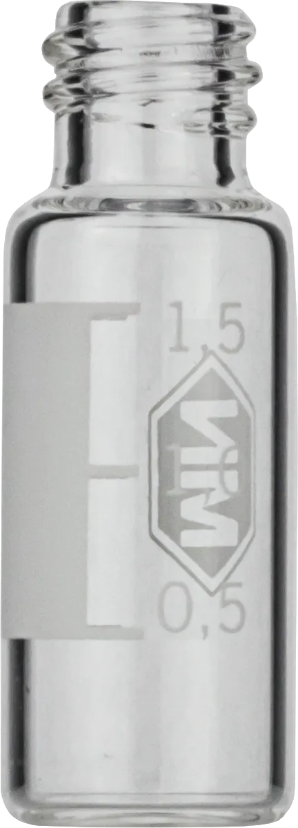 1.5 mL Screw Neck Vial N 8 outer diameter: 11.6 mm, outer height: 32 mm clear, flat bottom, small opening, label + scale pack of 100