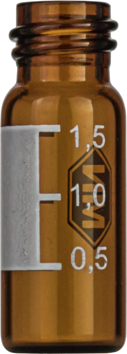 1.5 mL Screw Neck Vial N 10 outer diameter: 11.6 mm, outer height: 32 mm amber, flat bottom, wide opening, label + scale pack of 100