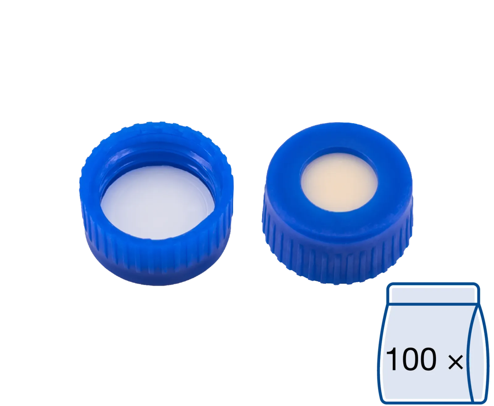 N 9 PP screw cap (bonded), blue, center hole Silicone beige/PTFE white Hardness: 45° shore A Thickness: 1.3 mm pack of 100