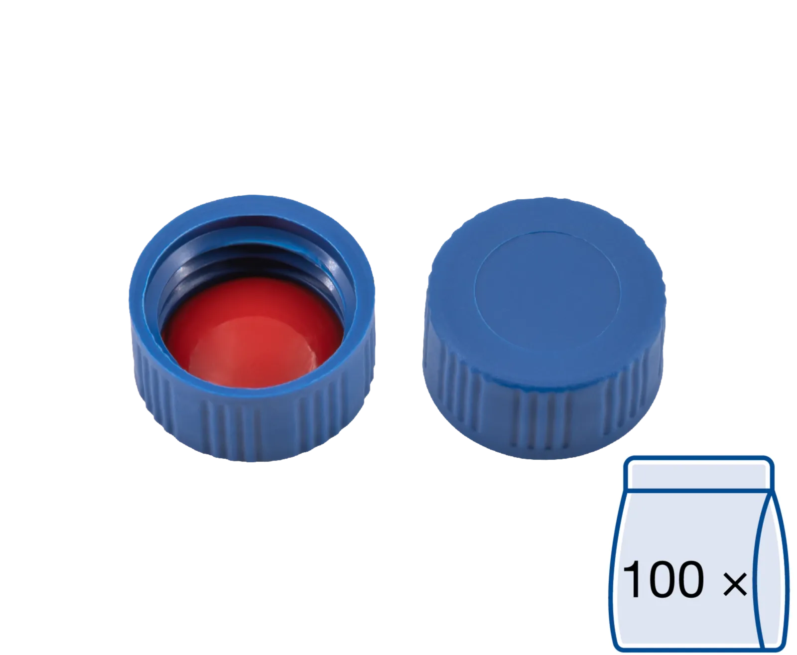 N 9 PP screw cap, blue, closed top Silicone white/PTFE red Hardness: 45° shore A Thickness: 1.0 mm pack of 100