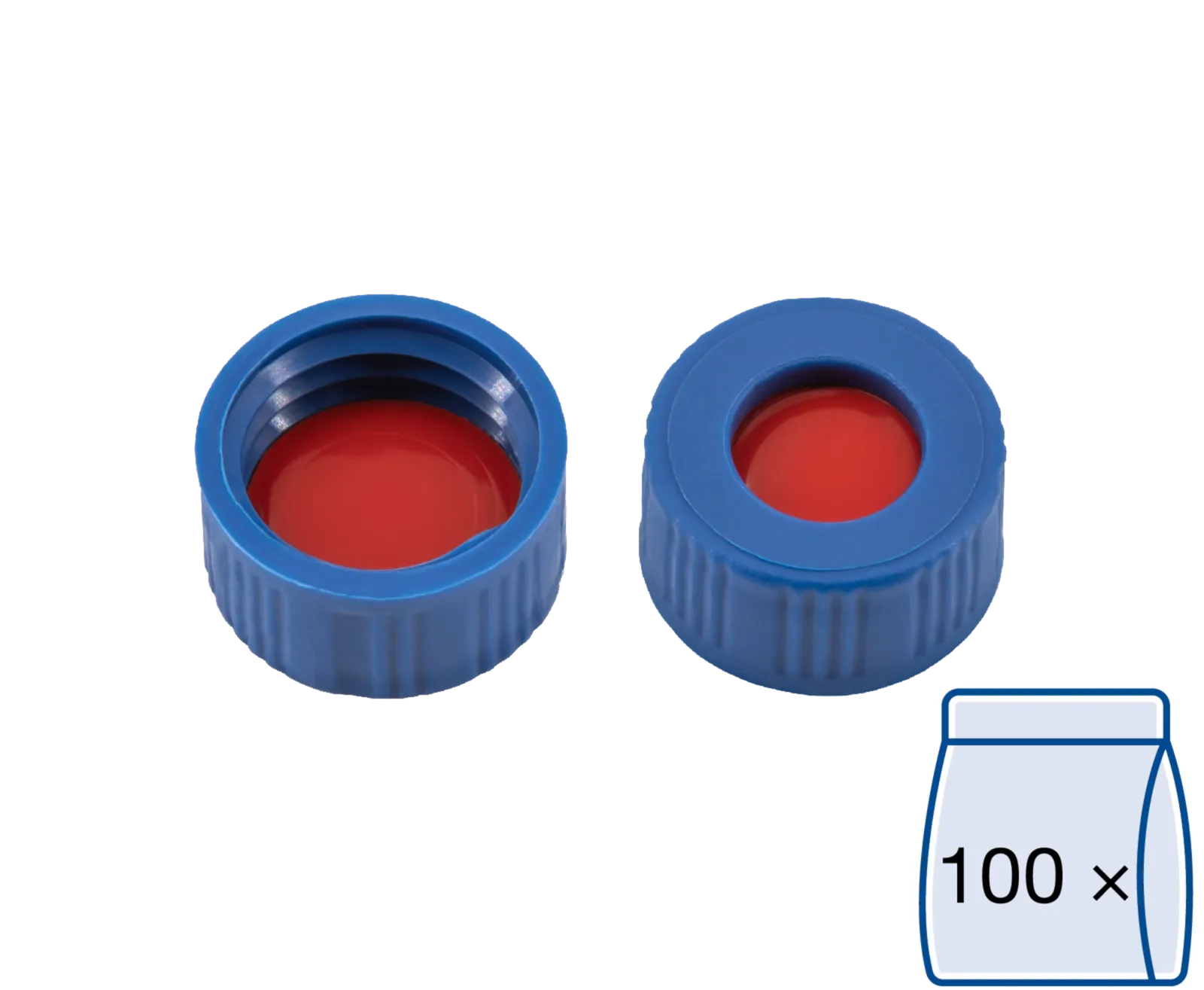 N 9 PP screw cap, blue, center hole PTFE red/Silicone white/PTFE red Hardness: 50° shore A Thickness: 1.0 mm pack of 100