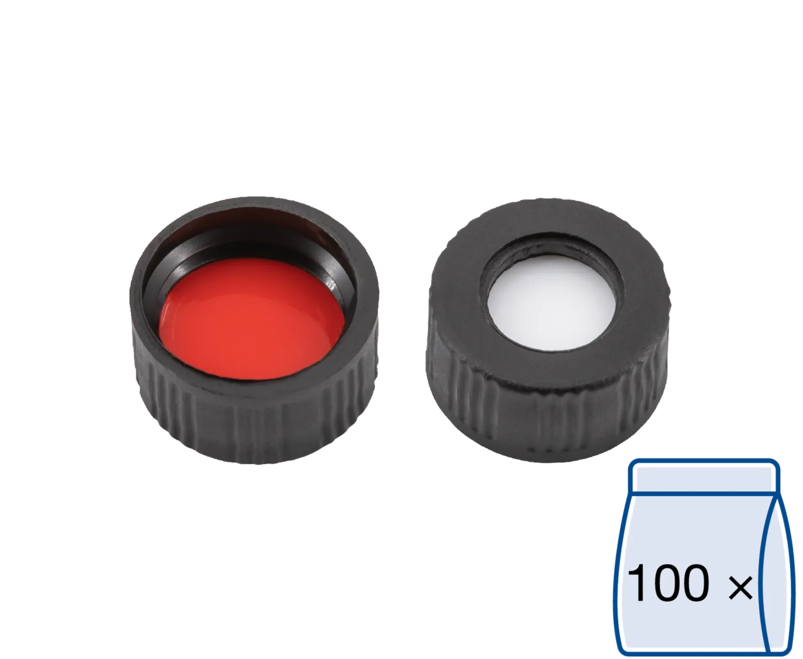 N 9 PP screw cap, black, center hole Silicone white/PTFE red Hardness: 45° shore A Thickness: 1.0 mm pack of 100