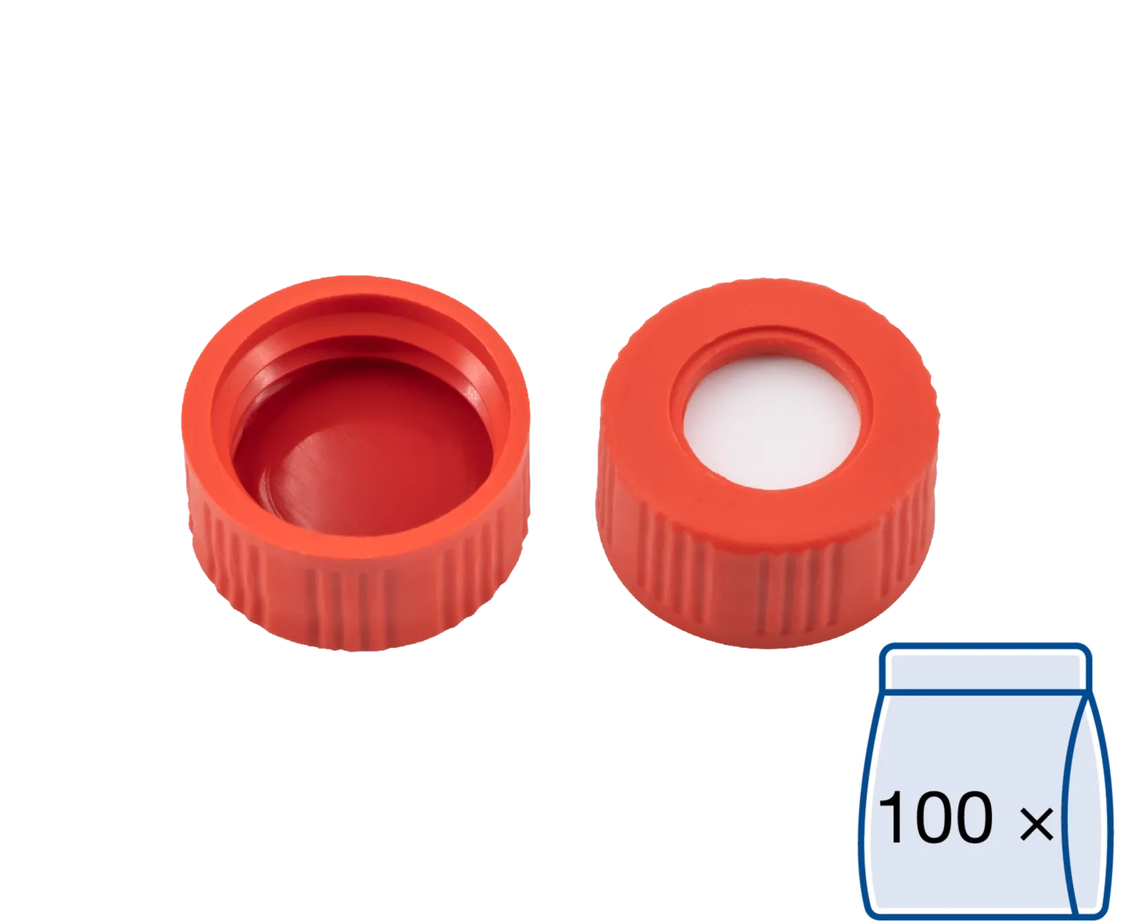 N 9 PP screw cap, red, center hole Silicone white/PTFE red Hardness: 45° shore A Thickness: 1.0 mm pack of 100