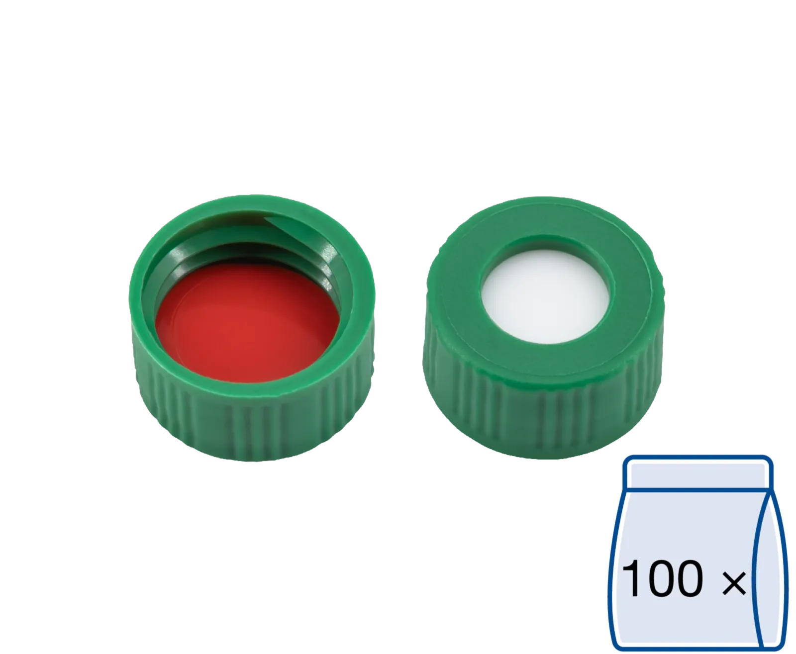 N 9 PP screw cap, green, center hole Silicone white/PTFE red Hardness: 45° shore A Thickness: 1.0 mm pack of 100