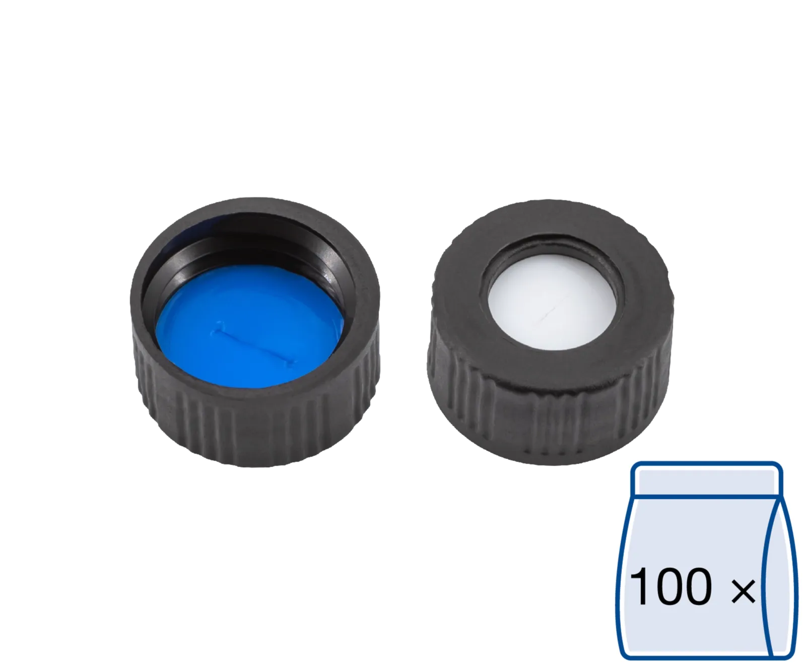 N 9 PP screw cap, black, center hole Silicone white/PTFE blue, slit Hardness: 55° shore A Thickness: 1.0 mm pack of 100