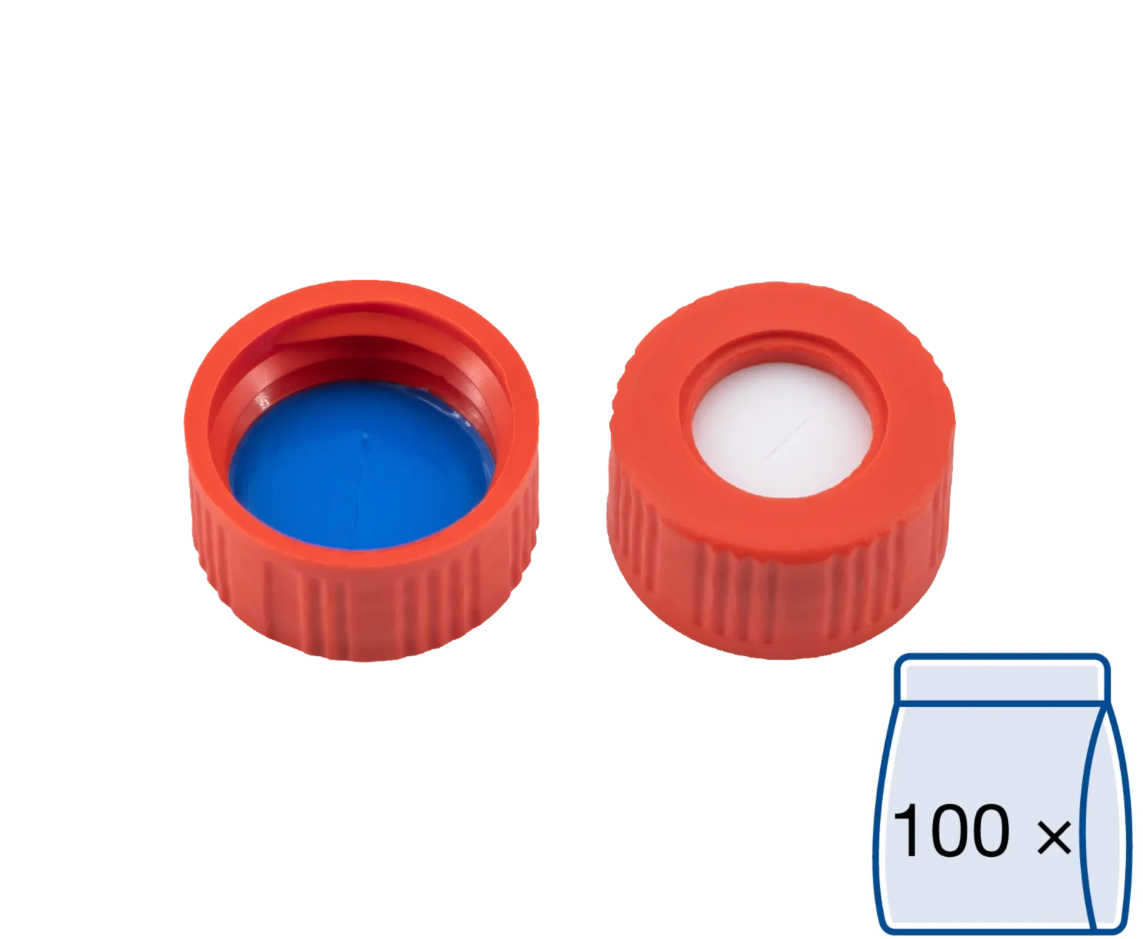 N 9 PP screw cap, red, center hole Silicone white/PTFE blue, slit Hardness: 55° shore A Thickness: 1.0 mm pack of 100