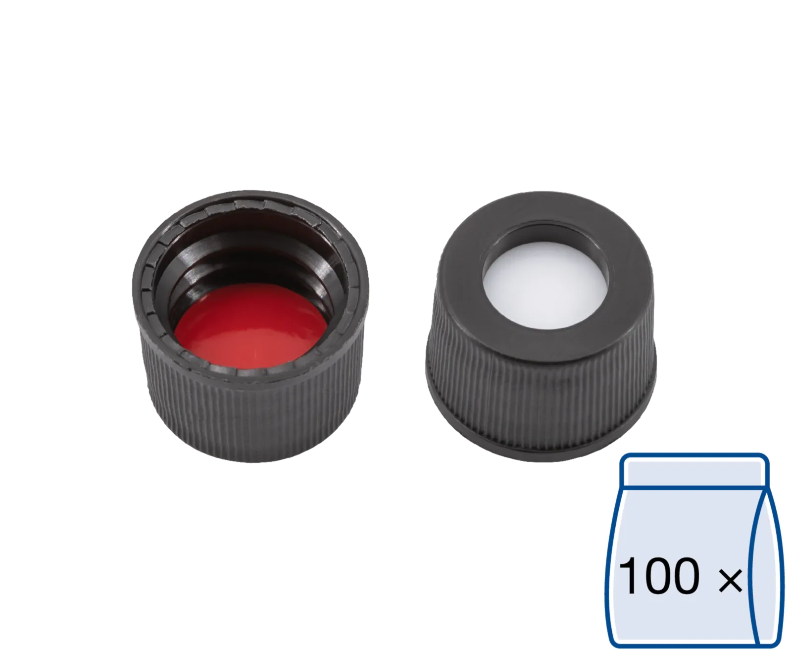 N 10 PP screw cap (bonded), black, center hole Silicone white/PTFE red Hardness: 45° shore A Thickness: 1.0 mm pack of 100