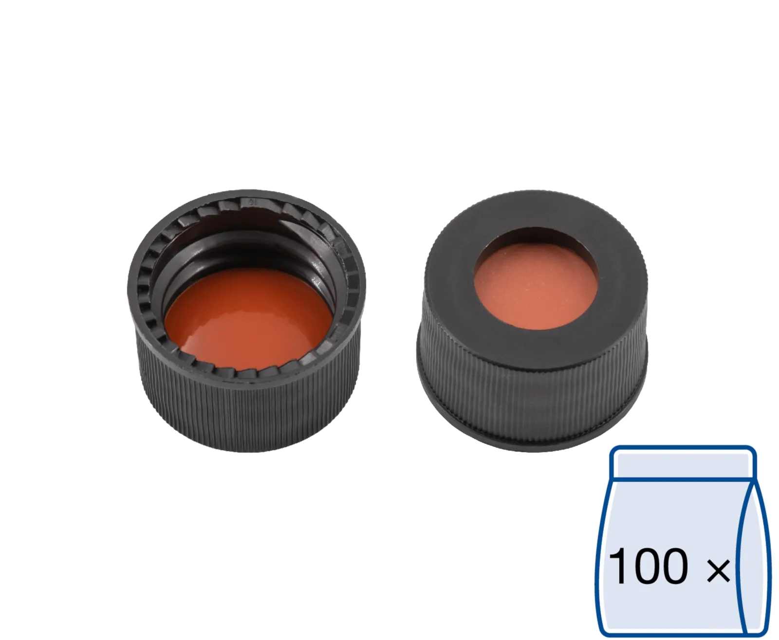 N 13 PP screw cap, black, center hole Red Rubber/FEP colorless Hardness: 45° shore A Thickness: 1.5 mm pack of 100