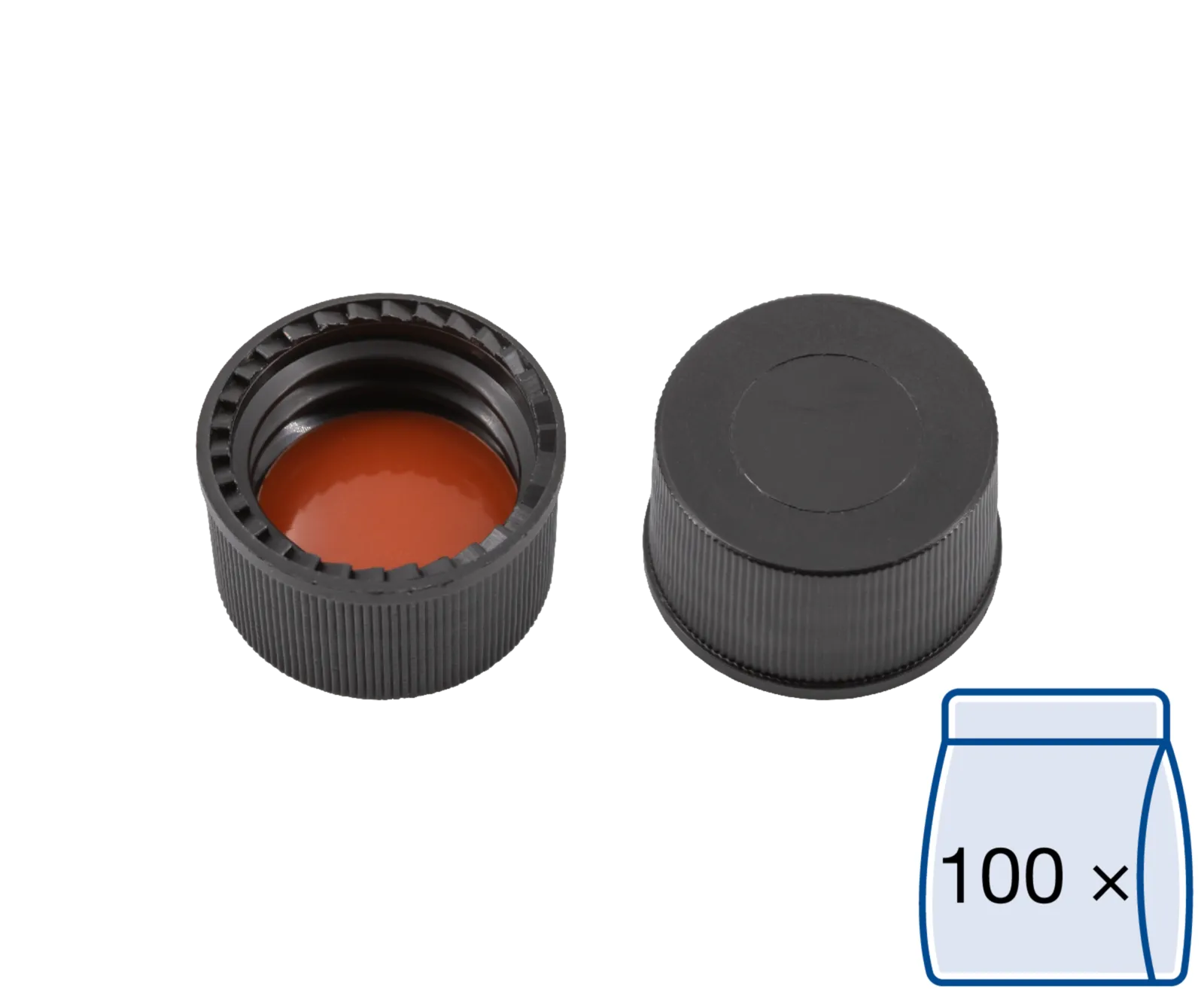 N 13 PP screw cap, black, closed top Red Rubber/FEP colorless Hardness: 45° shore A Thickness: 1.5 mm pack of 100