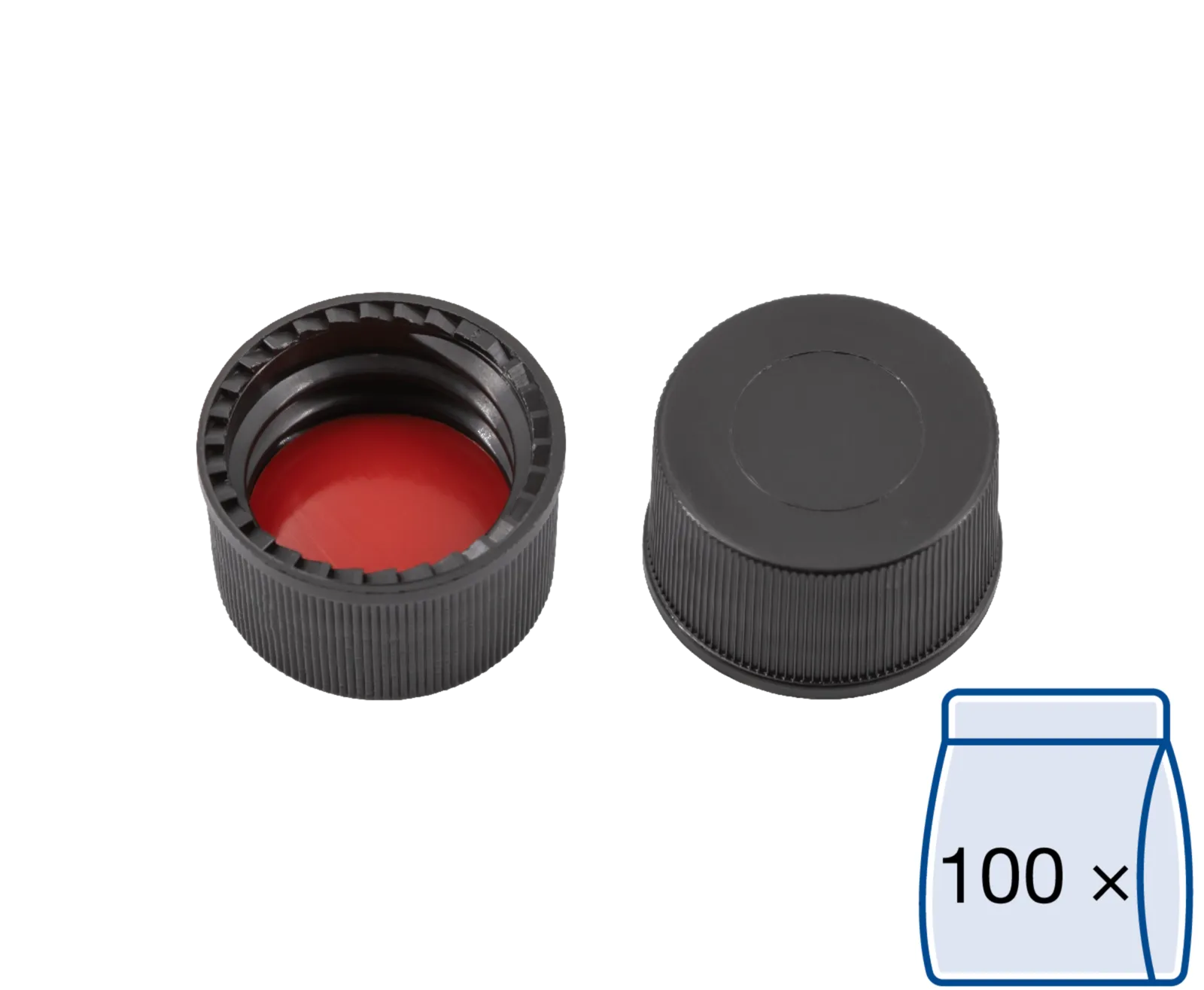 N 13 PP screw cap, black, closed top Silicone white/PTFE red Hardness: 45° shore A Thickness: 1.3 mm pack of 100
