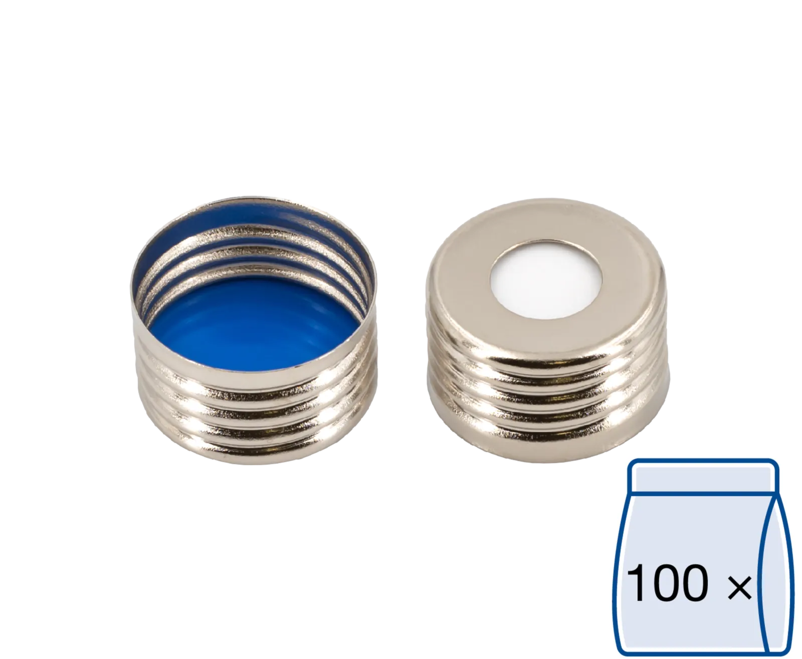 N 18 magnetic screw cap, silver, center hole Silicone white/PTFE blue Hardness: 45° shore A Thickness: 1.5 mm pack of 100