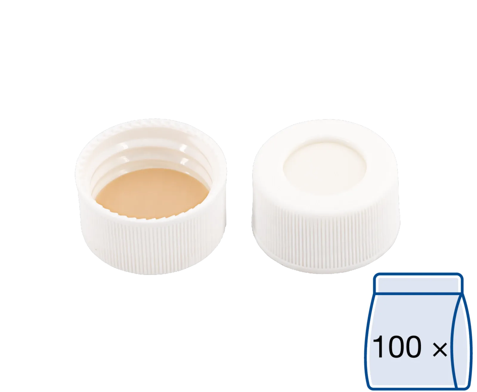 N 24 PP screw cap (bonded), white, center hole Silicone white/PTFE beige Hardness: 45° shore A Thickness: 3.2 mm pack of 100