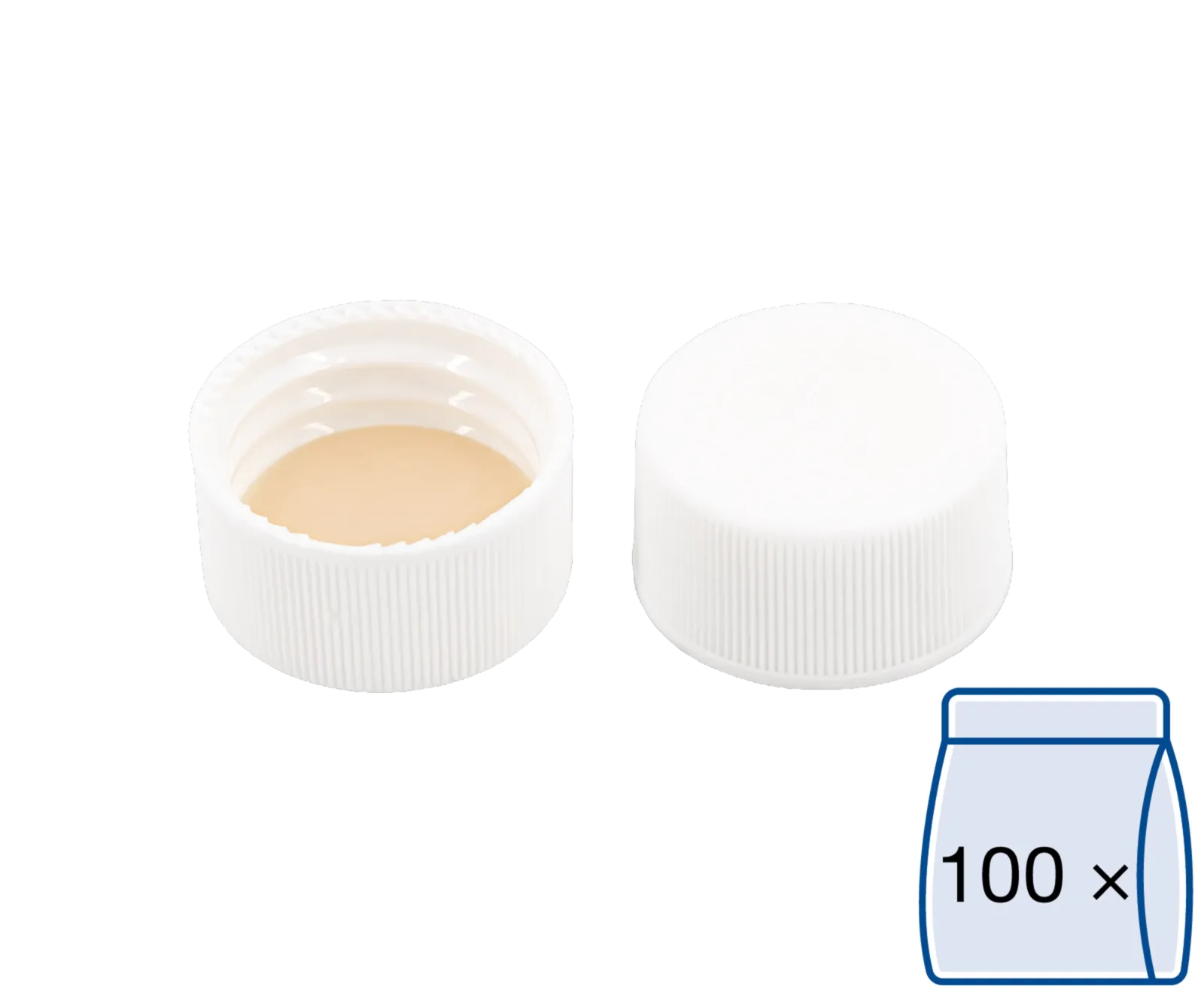 N 24 PP screw cap (bonded), white, closed top Silicone white/PTFE beige Hardness: 45° shore A Thickness: 3.2 mm pack of 100