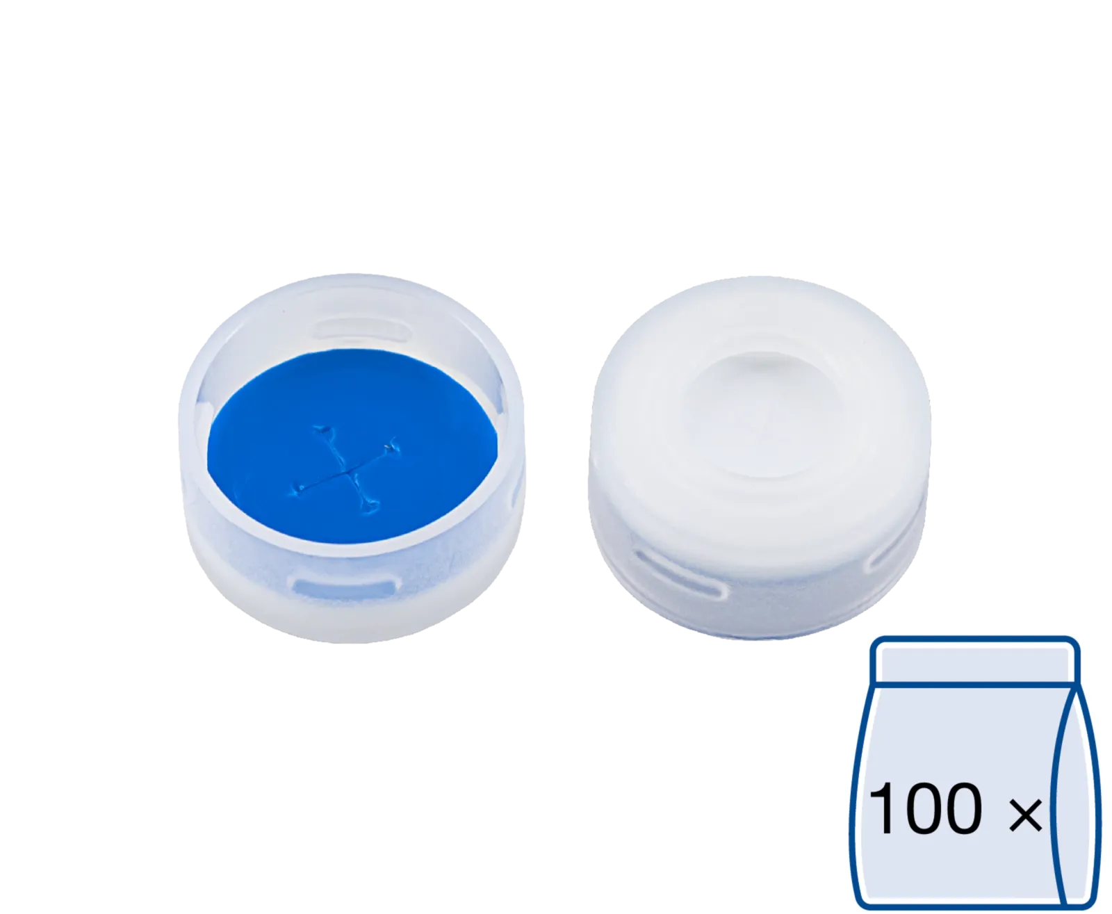 N 11 PE snap ring cap, transparent, center hole Silicone white/PTFE blue, cross-slit Hardness: 55° shore A Thickness: 1.0 mm pack of 100