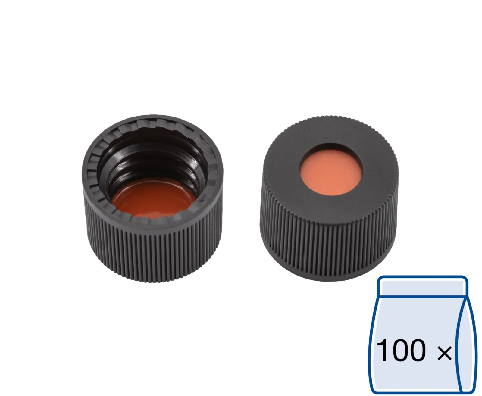N 8 PP screw cap, black, center hole Red Rubber/FEP colorless Hardness: 45° shore A Thickness: 1.3 mm pack of 100