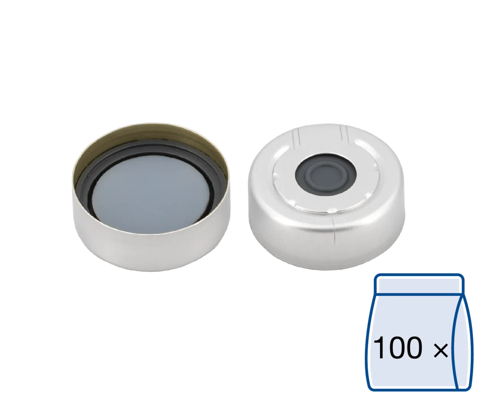 N 20 Aluminium pressure release safety cap, silver, center hole Butyl dark gray/centrical PTFE-lamination gray Hardness: 50° shore A Thickness: 3 mm pack of 100