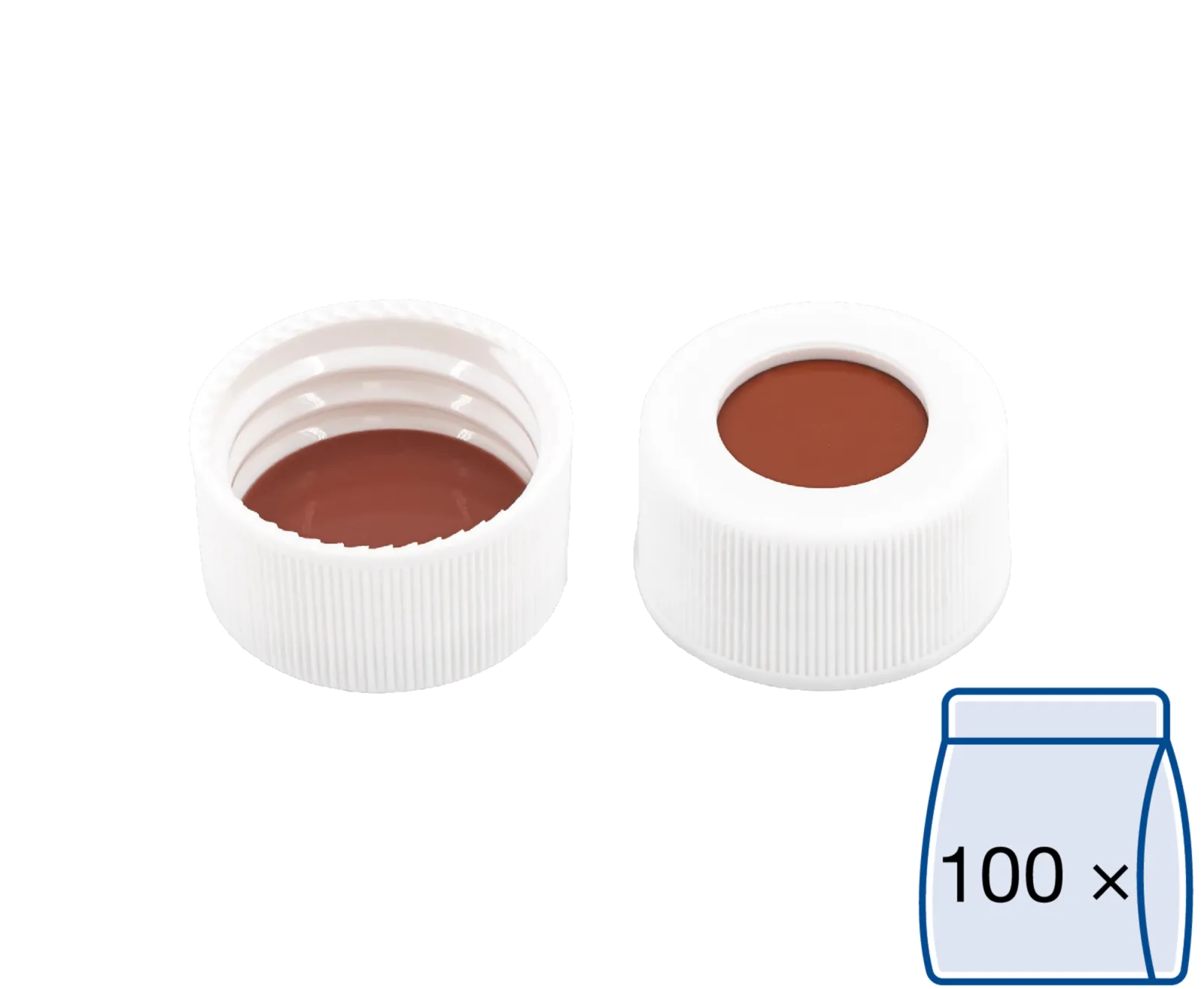 N 24 PP screw cap (bonded), white, center hole Red Rubber/TEF colorless Hardness: 45° shore A Thickness: 2.5 mm pack of 100