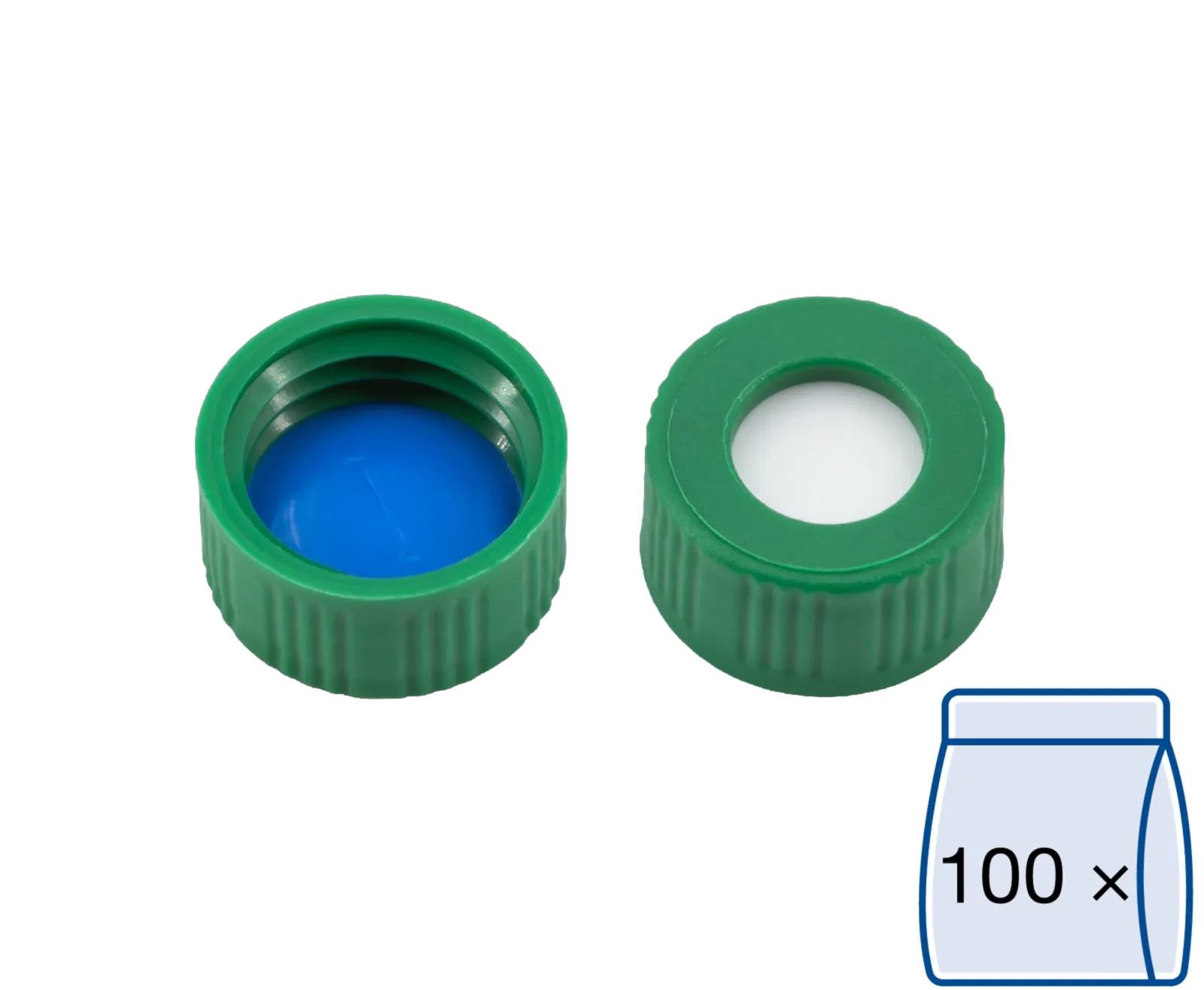 N 9 PP screw cap, green, center hole Silicone white/PTFE blue, slit Hardness: 55° shore A Thickness: 1.0 mm pack of 100