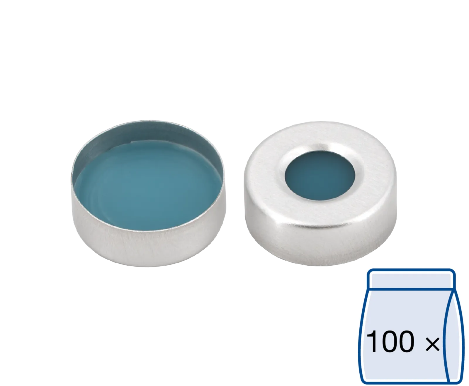 N 20 Aluminium crimp cap, silver, center hole Silicone blue transparent/PTFE colorless Hardness: 45° shore A Thickness: 3 mm pack of 100