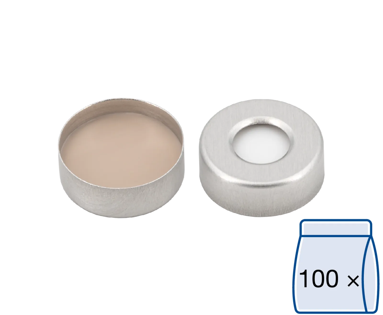 N 20 Aluminium crimp cap, silver, center hole Silicone white / PTFE beige Hardness: 45° shore A Thickness: 3 mm pack of 100