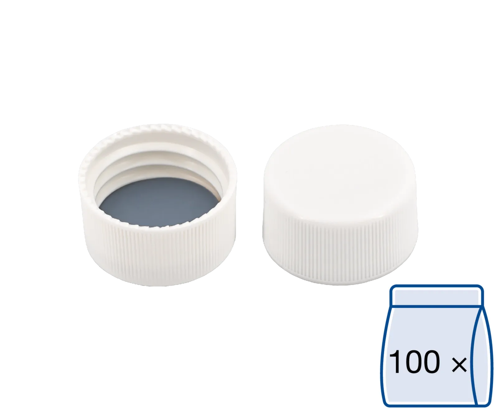 N 24 PP screw cap, white, closed top Butyl red/PTFE gray Hardness: 50° shore A Thickness: 2.4 mm pack of 100