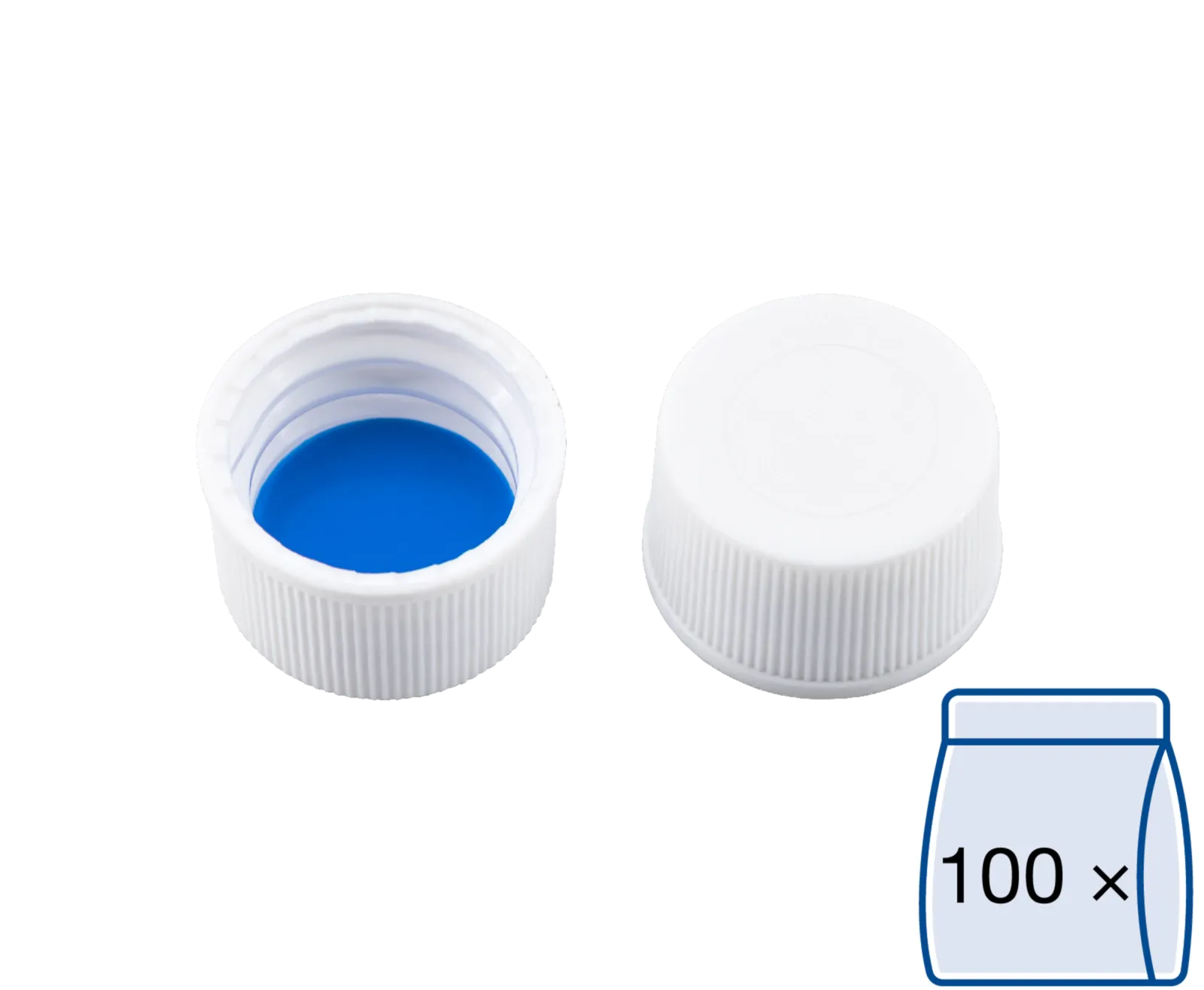 N 13 PP screw cap (bonded, 13-425), white, closed top Silicone white/PTFE blue Hardness: 55° shore A Thickness: 1.3 mm pack of 100