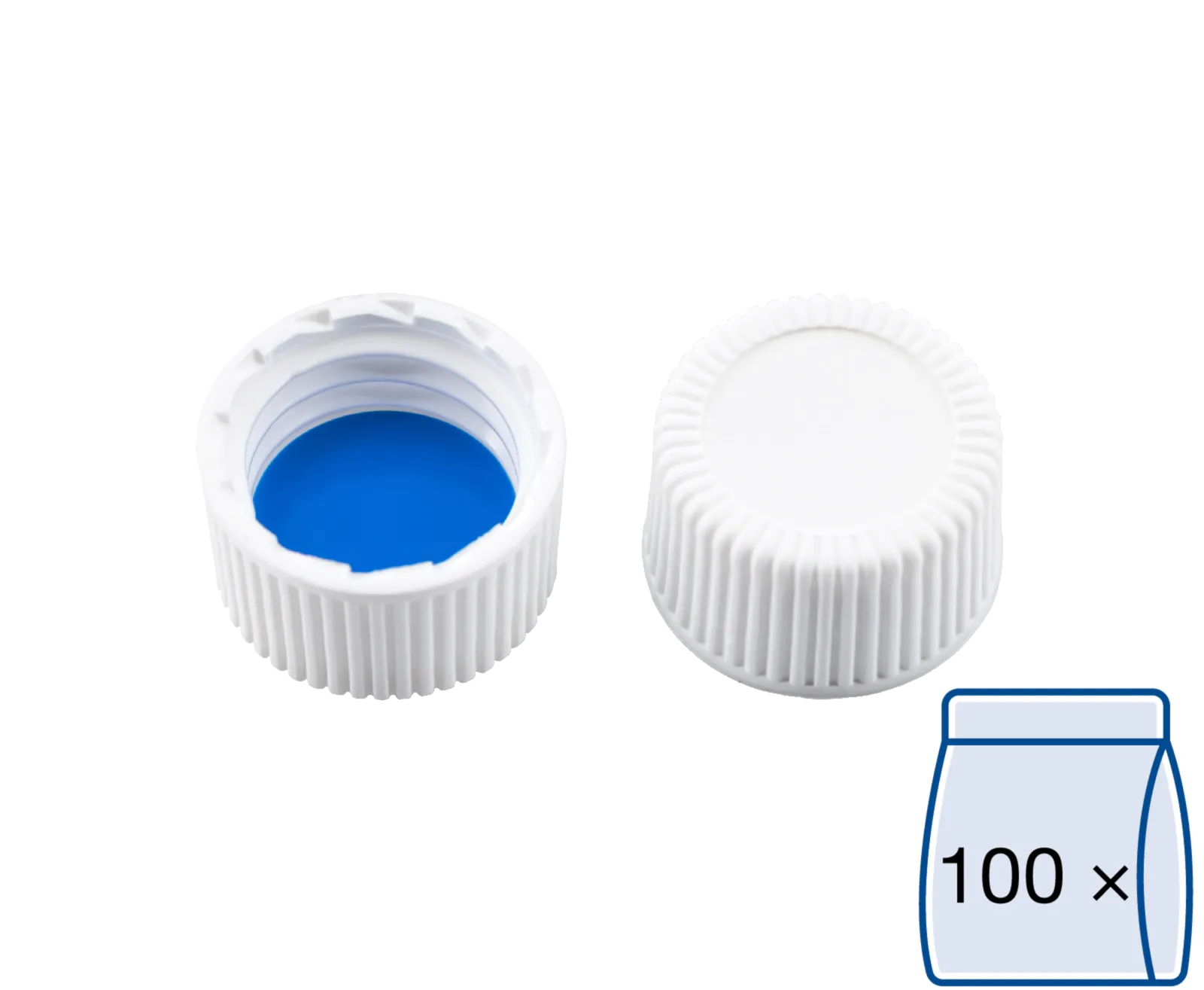 N 15 PP screw cap (bonded, 15-425), white, closed top Silicone white/PTFE blue Hardness: 55° shore A Thickness: 1.3 mm pack of 100