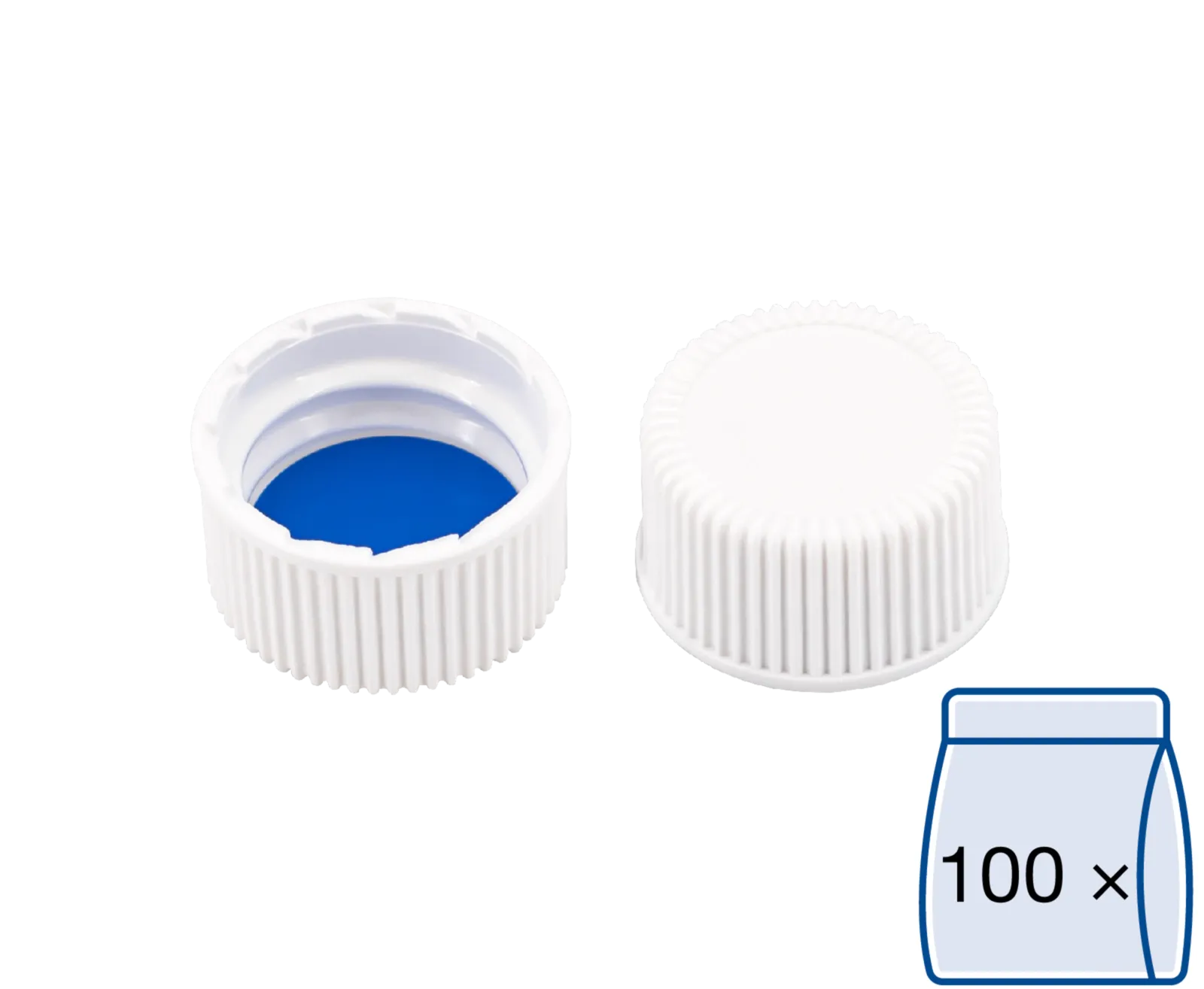 N 18 PP screw cap (bonded, 18-400), white, closed top Silicone white/PTFE blue Hardness: 55° shore A Thickness: 1.3 mm pack of 100