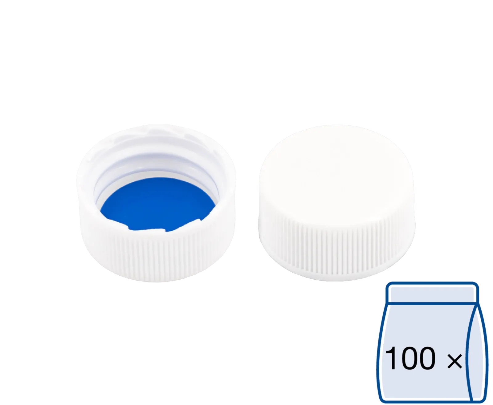 N 20 PP screw cap (bonded, 20-400), white, closed top Silicone white/PTFE blue Hardness: 55° shore A Thickness: 1.3 mm pack of 100