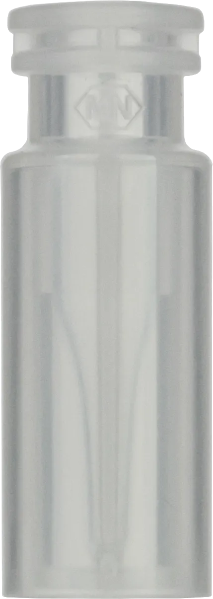 PP Snap Ring Vial N 11 outer diameter: 11.6 mm, outer height: 32 mm transparent, flat bottom, with integrated Glass Insert 0.2 mL, conical pack of 100