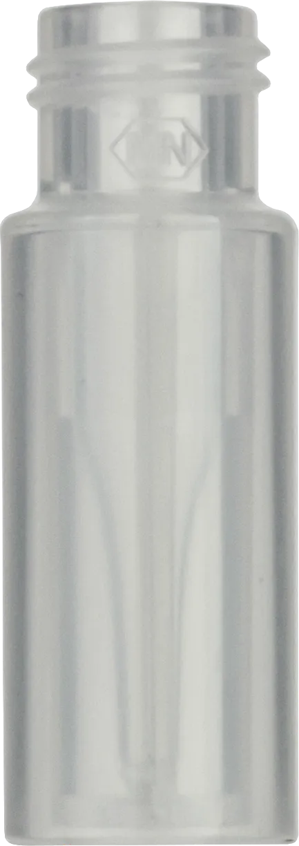 PP Screw Neck Vial N 9 outer diameter: 11.6 mm, outer height: 32 mm transparent, flat bottom, with integrated Glass Insert 0.2 mL, conical pack of 100