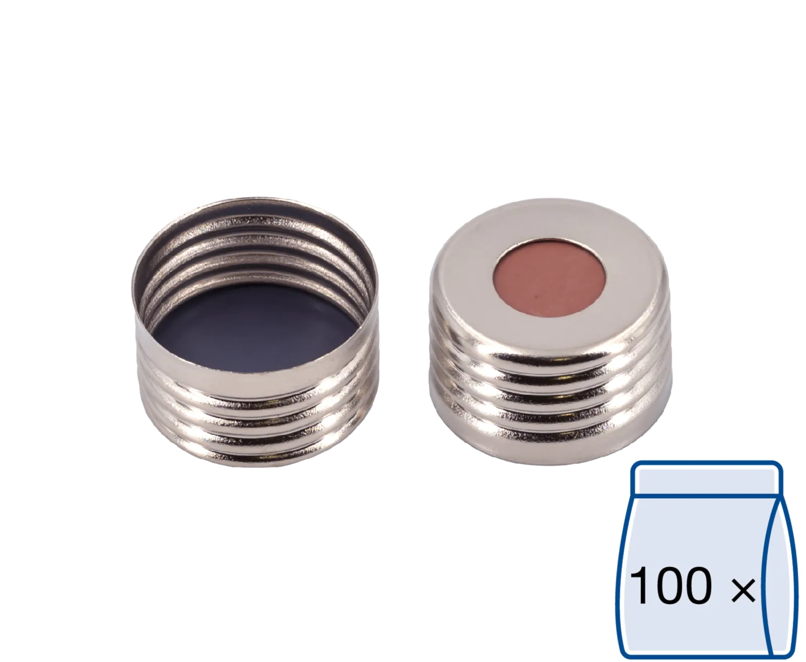 N 18 magnetic screw cap, silver, center hole Butyl red/PTFE grey Hardness: 50° shore A Thickness: 1.5 mm pack of 100