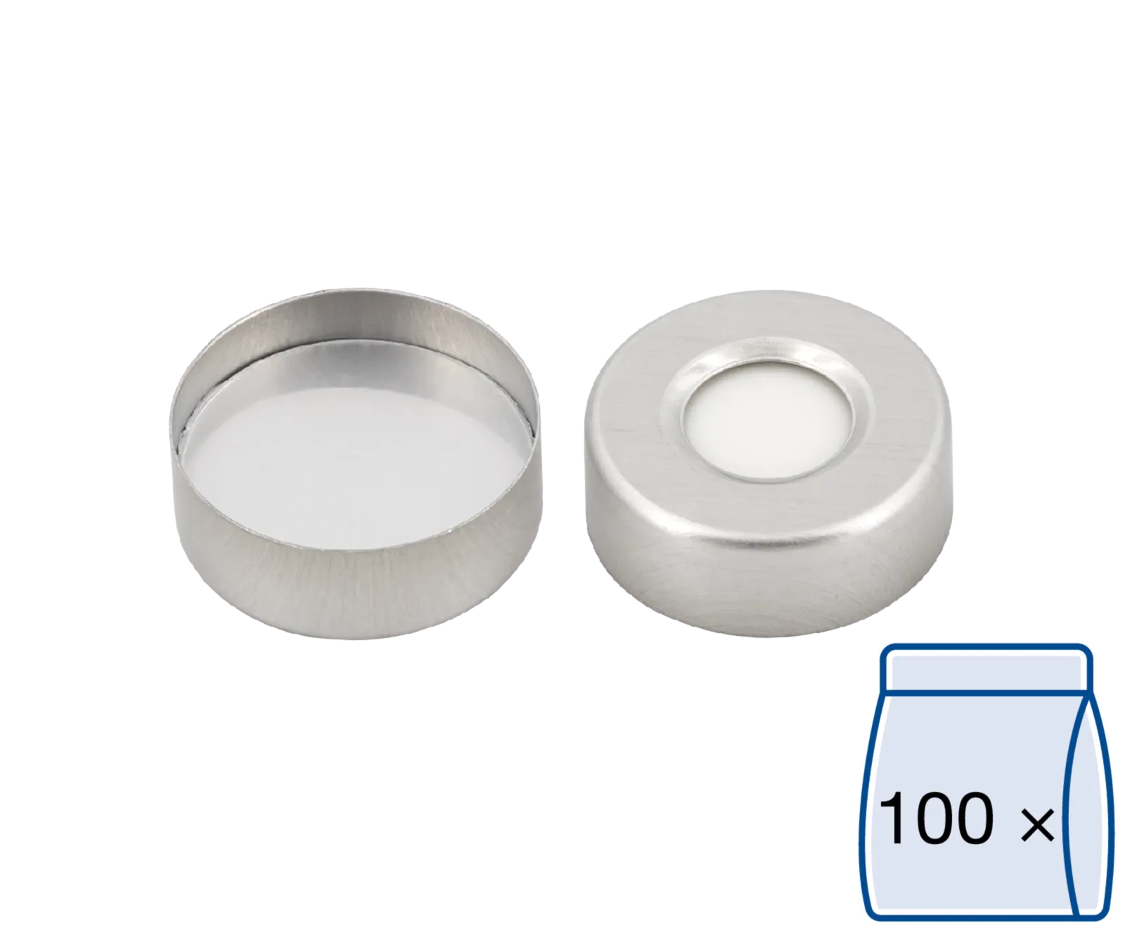 N 20 Aluminium crimp cap, silver, center hole Silicone white / FEP-/Aluminium foil silver Hardness: 45° shore A Thickness: 3.2 mm pack of 100