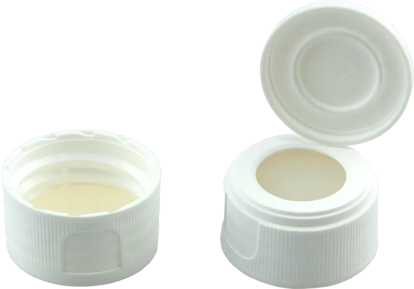 N 24 PP screw cap (bonded), white, 15 mm center hole, with removable protection lid Silicone natural/PTFE colorless Hardness: 45° shore A Thickness: 3.2 mm pack of 100