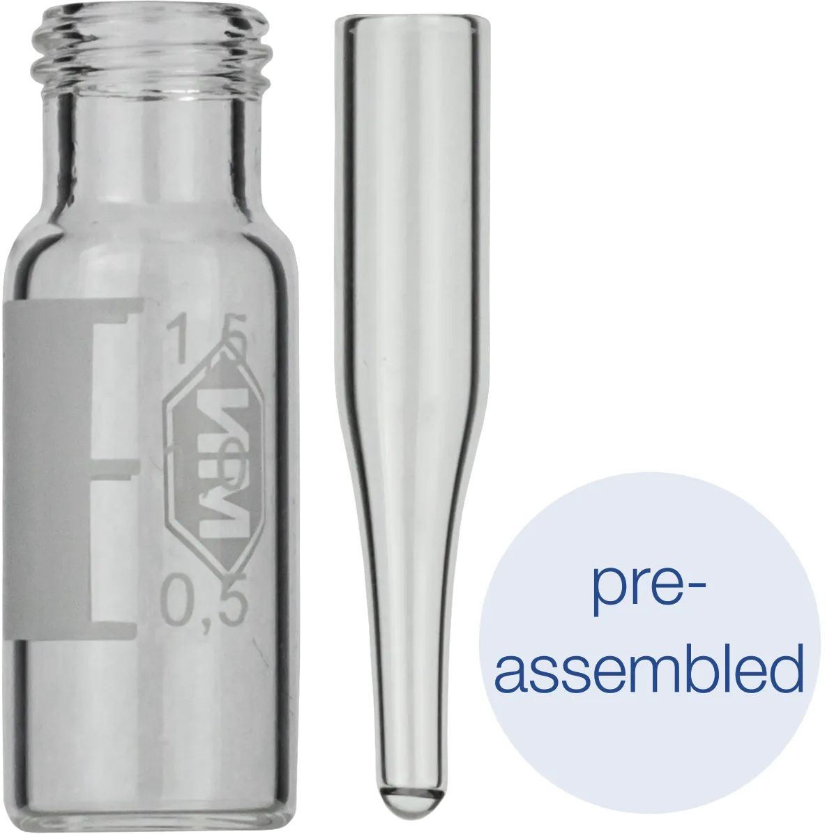 Pre-assembled vials 702283: 1.5 mL Screw Neck Vial N 9, with micro-insert 702813, label + scale, Pack of 100
