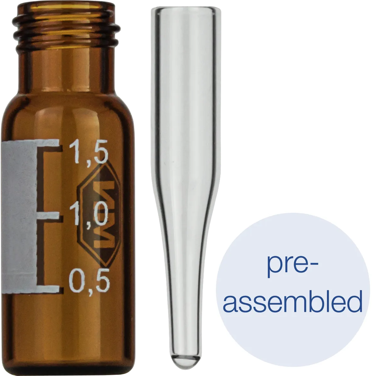 Pre-assembled vials 702284: 1.5 mL Amber Screw Neck Vial N 9, with micro-insert 702813, label + scale, Pack of 100