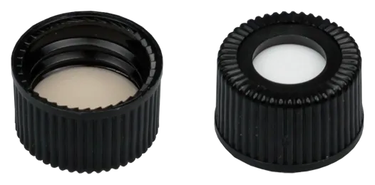 N 15 PP screw cap (bonded, 15-425), black, center hole Silicone white/PTFE beige Hardness: 45° shore A Thickness: 1.5 mm pack of 100