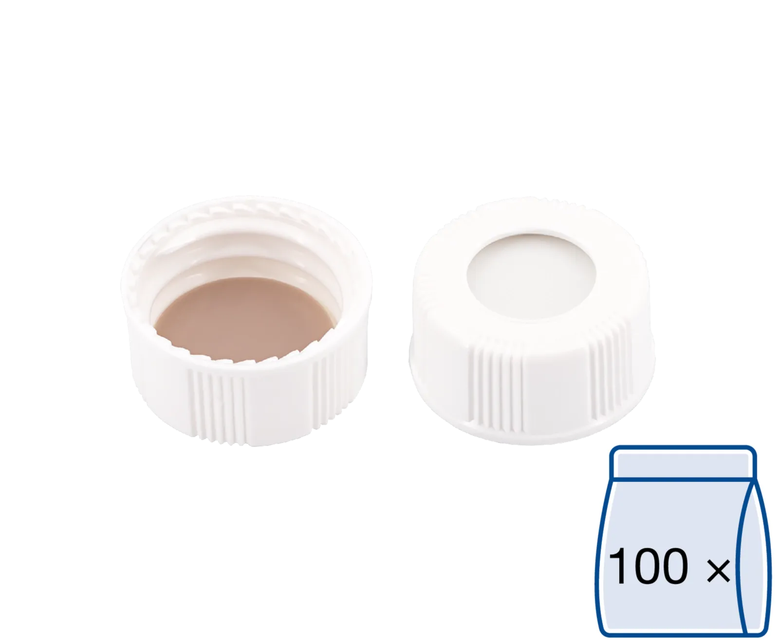 N 20 screw cap (bonded, 20-400), white, center hole Silicone white/PTFE beige Hardness: 45° shore A Thickness: 1.5 mm pack of 100