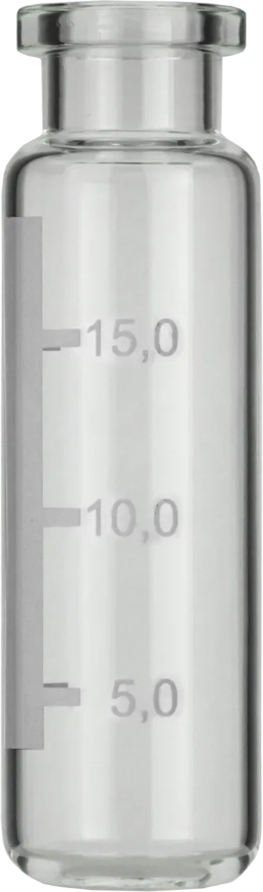 20 mL Headspace Crimp Neck Vial N 20 outer diameter: 22.5 mm, outer height: 75.5 mm clear, rounded bottom, flat DIN crimp neck, label pack of 100
