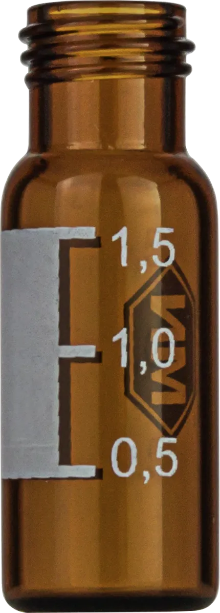 1.5 mL Screw Neck Vial N 9 outer diameter: 11.6 mm, outer height: 32 mm amber, flat bottom, wide opening, label + scale pack of 100