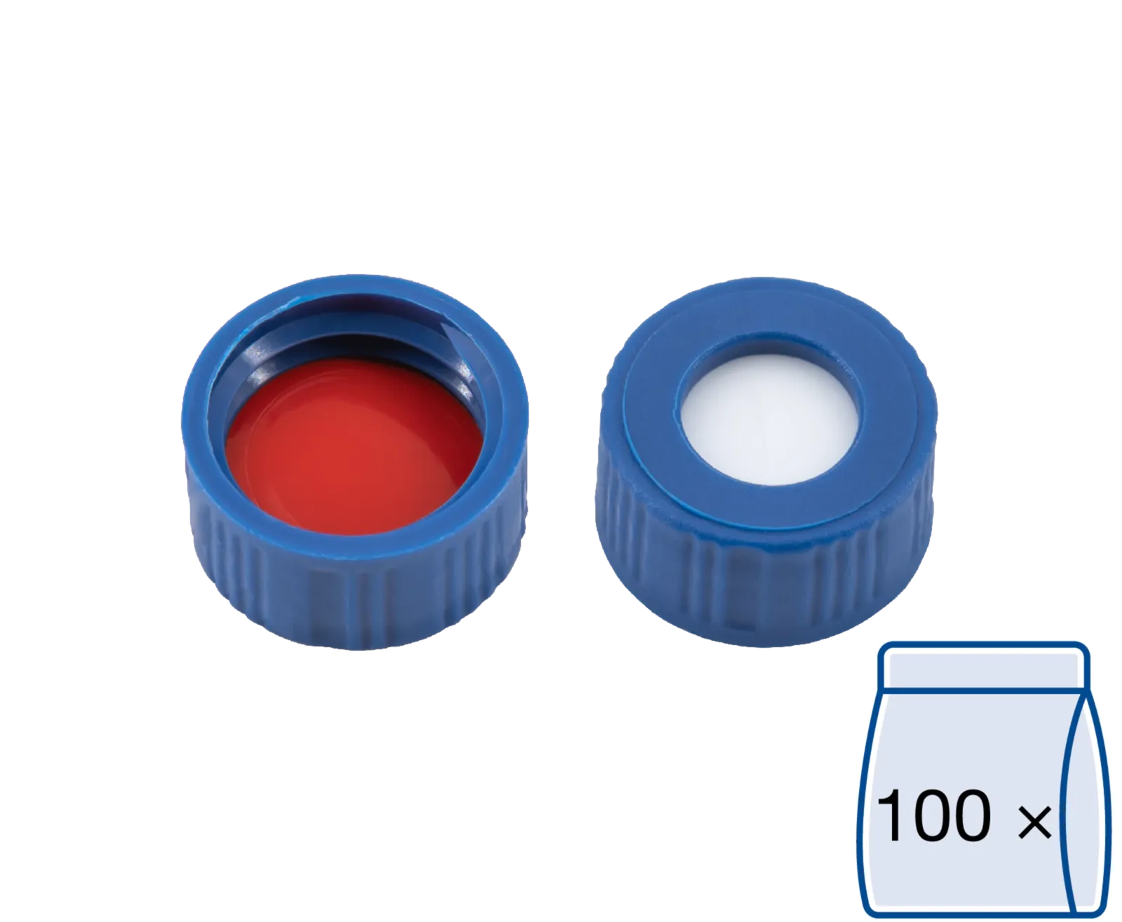 N 9 PP screw cap, blue, center hole Silicone white/PTFE red Hardness: 45° shore A Thickness: 1.0 mm pack of 100