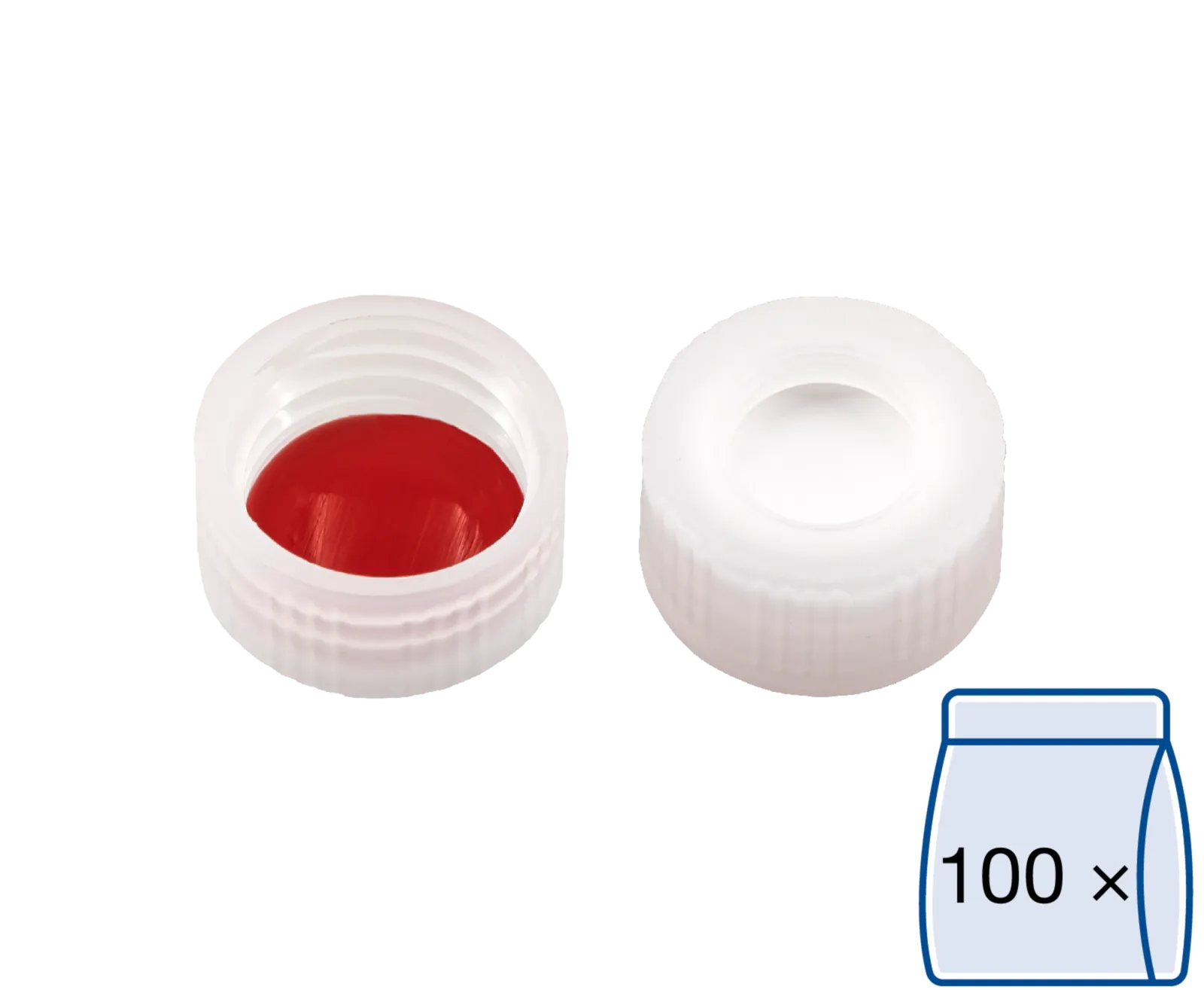 N 9 PP screw cap, transparent, center hole Silicone white/PTFE red Hardness: 45° shore A Thickness: 1.0 mm pack of 100