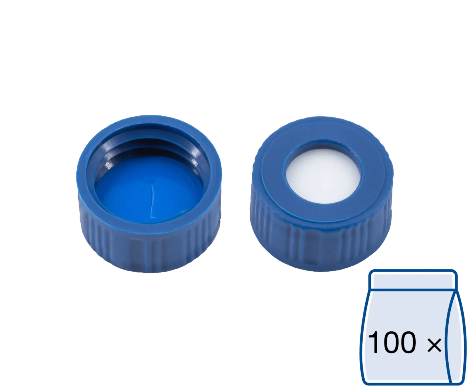 N 9 PP screw cap, blue, center hole Silicone white/PTFE blue, slit Hardness: 55° shore A Thickness: 1.0 mm pack of 100
