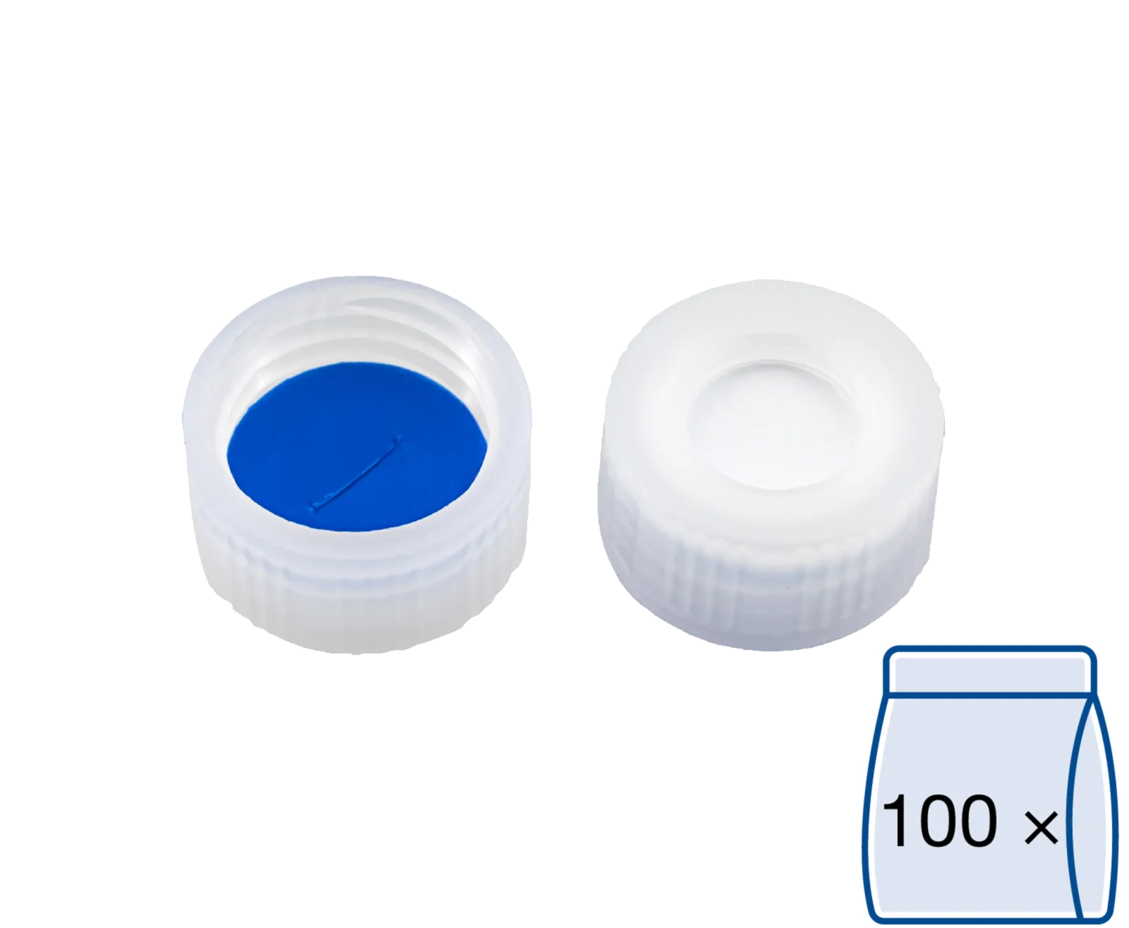 N 9 PP screw cap, transparent, center hole Silicone white/PTFE blue, slit Hardness: 55° shore A Thickness: 1.0 mm pack of 100