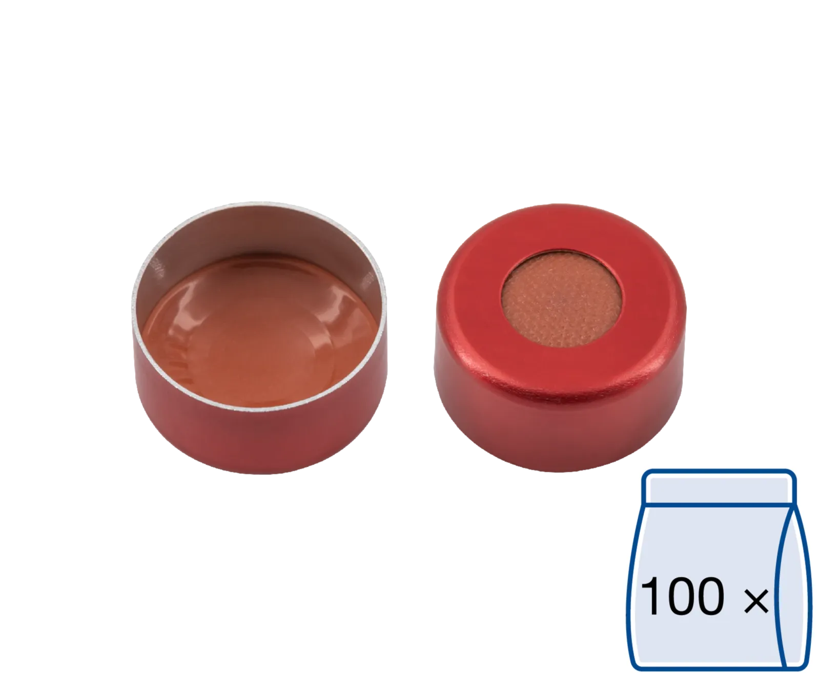 N 11 Aluminium crimp cap, red, center hole Natural Rubber/Butyl red-orange/TEF colorless Hardness: 45° shore A Thickness: 1.0 mm pack of 100
