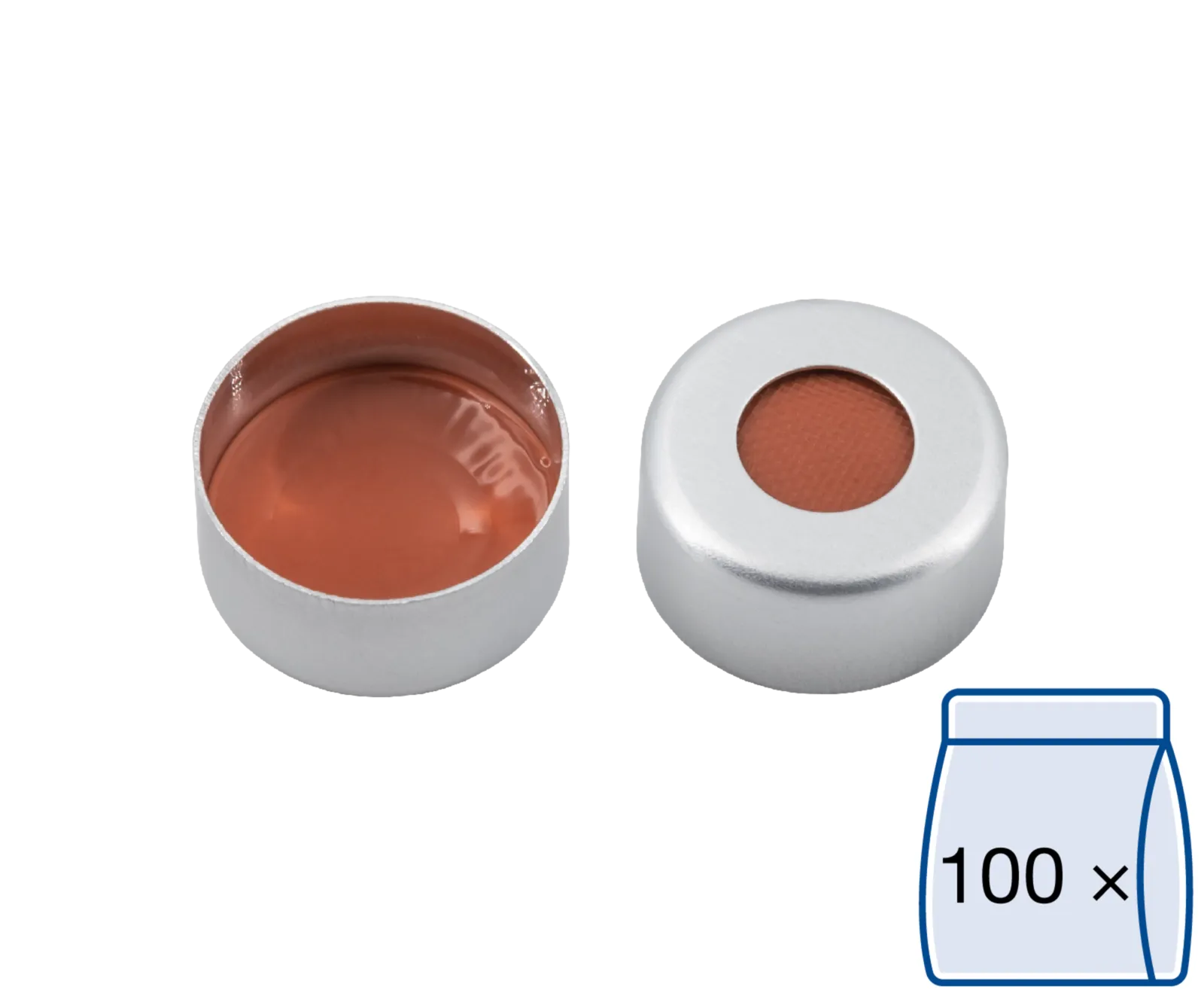 N 11 Aluminium crimp cap, silver, center hole Natural Rubber/Butyl red-orange/TEF colorless Hardness: 45° shore A Thickness: 1.3 mm pack of 100