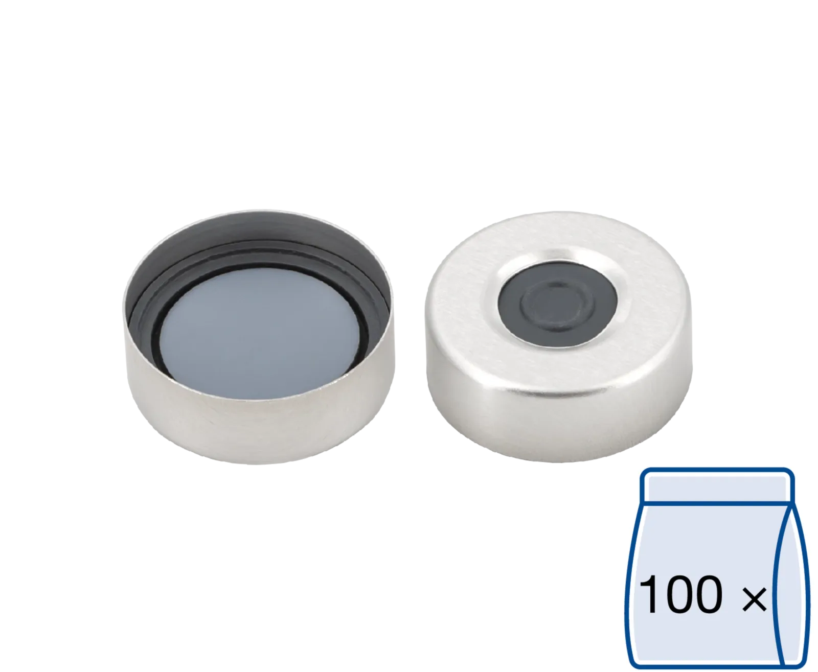 N 20 Aluminium crimp cap, silver, center hole Butyl dark gray/centrical PTFE-lamination gray high purity Hardness: 50° shore A Thickness: 3 mm pack of 100