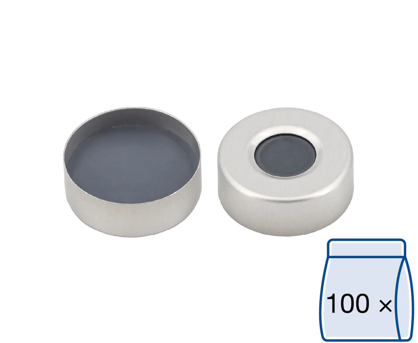 N 20 Aluminium crimp cap, silver, center hole Moulded Septa Butyl/PTFE gray Hardness: 50° shore A Thickness: 3 mm pack of 100