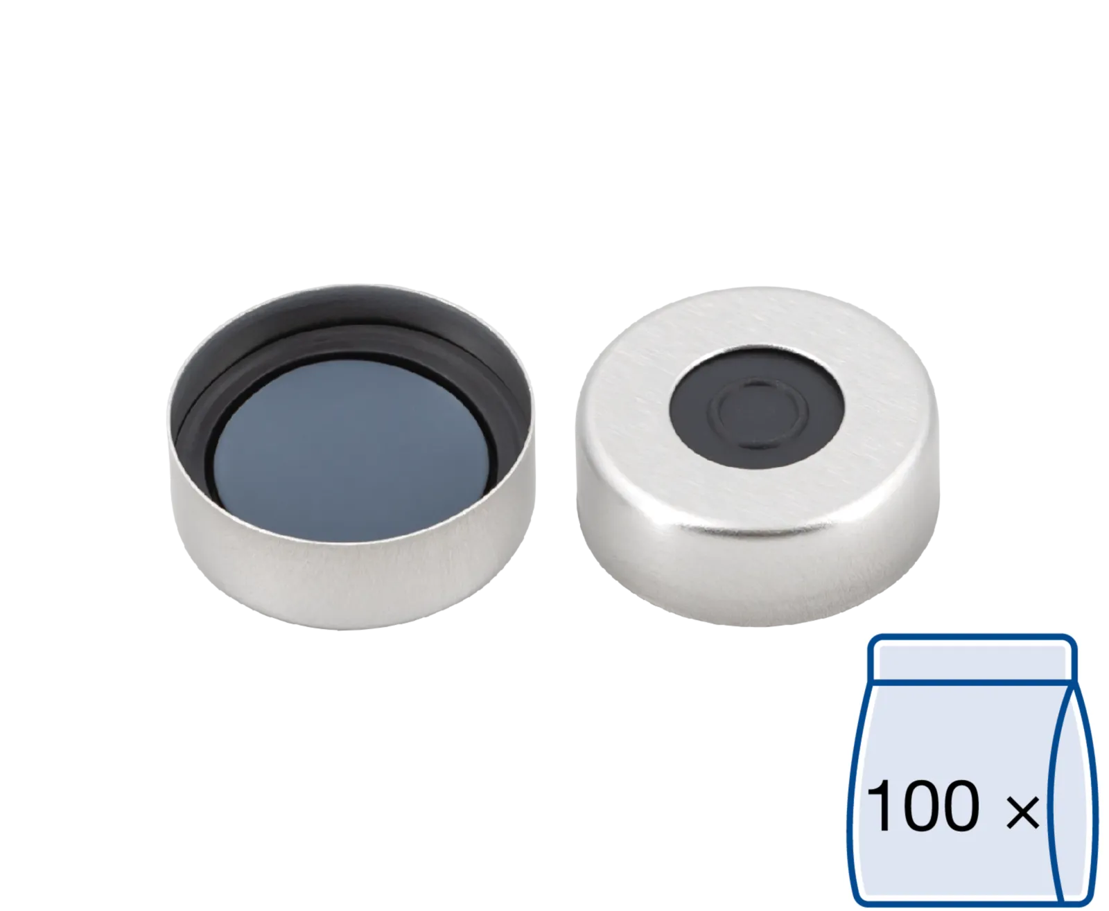 N 20 Aluminium crimp cap, silver, center hole Butyl dark gray/centrical PTFE-lamination gray Hardness: 50° shore A Thickness: 3 mm pack of 100