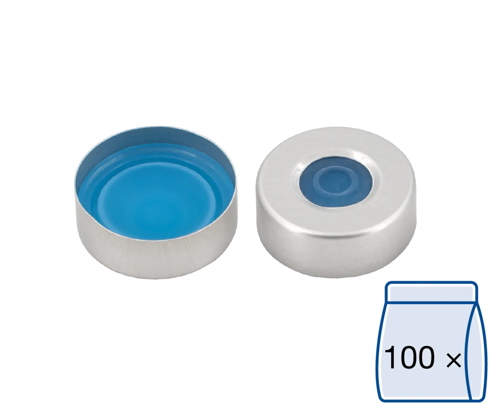N 20 Aluminium crimp cap, silver, center hole Silicone blue transparent/centrical PTFE-lamination colorless Hardness: 45° shore A Thickness: 3 mm pack of 100